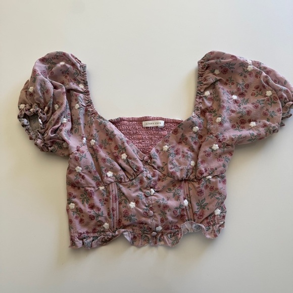 Altar’d State-Mauve Floral Corset Crop Top-Puff Sleeves-Side Zip-Embroidered-L - Picture 1 of 12